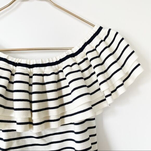 NWOT J. Crew Selena Navy Striped Off The Shoulder Ruffled Sweater Top S - Picture 6 of 9